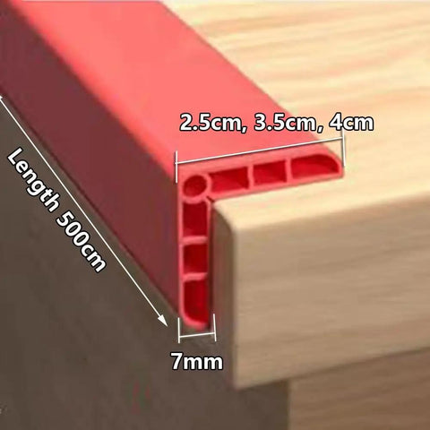 Red rubber L molding for 500cm corner protection on table edge, dimensions 2.5cm, 3.5cm, 4cm, 7mm shown.