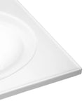 Corner view of 25 Inch Cultured Marble Vanity Top With Integrated Oval Sink And Backsplash White Pre Drilled For Three Faucet Holes