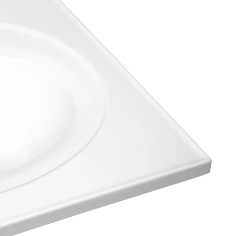 Corner view of 25 Inch Cultured Marble Vanity Top With Integrated Oval Sink And Backsplash White Pre Drilled For Three Faucet Holes