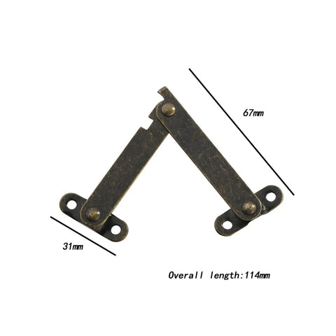 Two Pack Lid Lift Hinge With Stay Support For Cupboards And Wooden Boxes shown in bronze, iron construction size 114x31mm