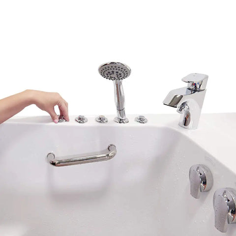 Sleek 32X52 Acrylic Transfer Walk In Tub With Heavy Duty Hydro Massage And Microbubble Jets control panel and faucet close-up.