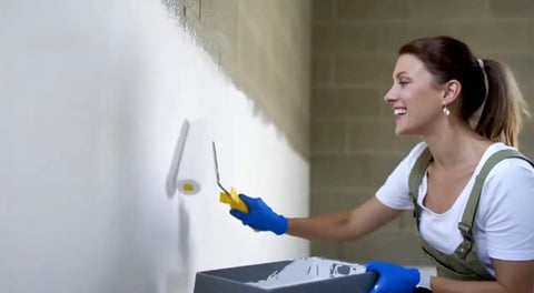 Person applying Super Slick Basement Sealer White 5 Gallon to concrete wall with a roller for a smooth finish.