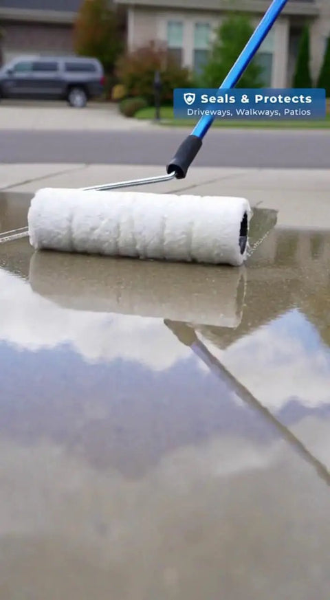 Roller applying Top Shelf Penetrating Concrete Sealer For Driveways And Patio Slabs on a smooth surface.
