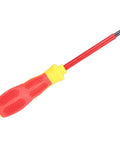 Insulated 7 Piece Screwdriver Set With Ergonomic Non Slip Handles And Magnetic Tips For Electricians Easy Grip And Fatigue Reduction Chrome Steel Shafts For Reliable Electrical Repair And Maintenance. Flathead screwdriver with red insulated handle and yellow grip