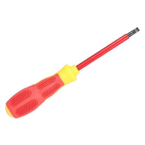 Insulated 7 Piece Screwdriver Set With Ergonomic Non Slip Handles And Magnetic Tips For Electricians Easy Grip And Fatigue Reduction Chrome Steel Shafts For Reliable Electrical Repair And Maintenance. Flathead screwdriver with red insulated handle and yellow grip