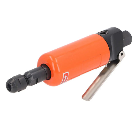 Powerhouse Pneumatic Straight Die Grinder with orange body, black grip, and metal lever for effective deburring and polishing.