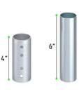 Solid Metal Table Leg Extenders Adjustable Height Risers Four Pack showing 6-inch and 4-inch extenders in silver for dining chairs.