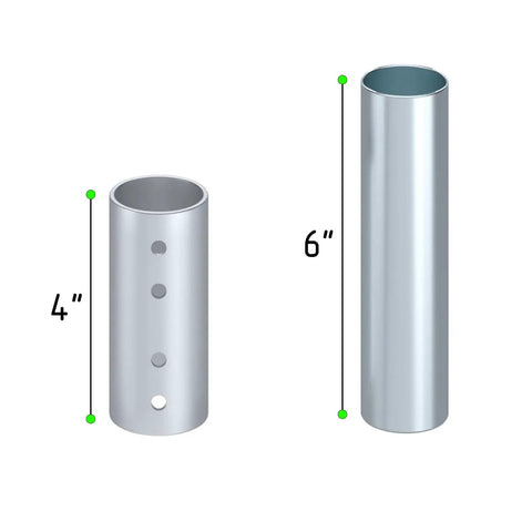 Solid Metal Table Leg Extenders Adjustable Height Risers Four Pack showing 6-inch and 4-inch extenders in silver for dining chairs.