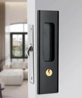 Sliding Barn Door Locks With Invisible Door Handle And Keys For Wood Pocket Doors Black Hardware shown installed