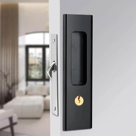 Sliding Barn Door Locks With Invisible Door Handle And Keys For Wood Pocket Doors Black Hardware shown installed