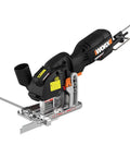 Compact Palm Saw With 3 Amp Motor And 3 3/8 Inch Blade For Clean Cuts Through Wood Aluminum Siding And Tile Ergonomic Thumb Grip side view