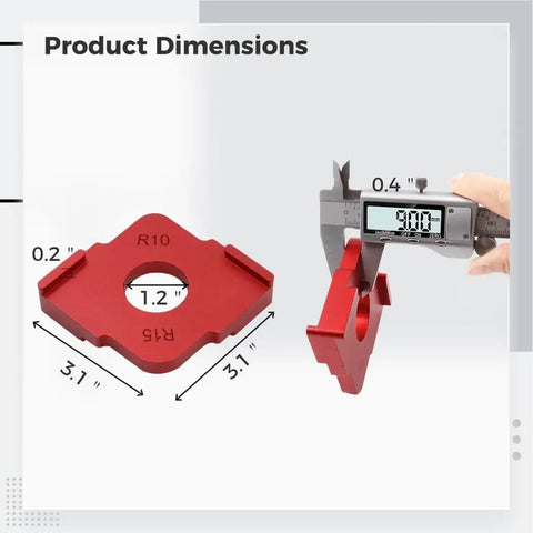 Product dimensions of Badass Aluminum Router Radius Jig Templates Set Of 3 for woodworkers showing R10 template with size measurements.