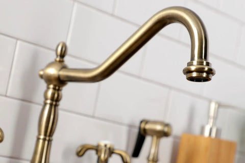 French Country Widespread Kitchen Faucet With Brass Sprayer In Oil Rubbed Bronze 8-1/4 Inch Spout Reach Solid Brass Construction