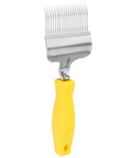 Stainless Steel Honeycomb Uncapping Fork For Beekeeping with a yellow plastic handle, showing stainless steel tines.