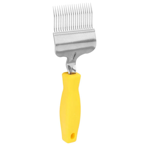Stainless Steel Honeycomb Uncapping Fork For Beekeeping with a yellow plastic handle, showing stainless steel tines.