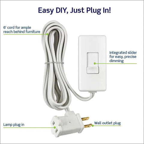 Table Top Plug In Lamp Dimmer for Dimmable LED Halogen and Incandescent Bulbs with No Sweat Plug and Play Setup and Crisp White Finish showing dimmer switch and 6' cord.