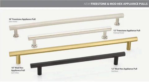 Four appliance pulls in various finishes including 12" Freestone Appliance Pull from The Urban Modern Collection, polished chrome finish.