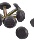 6 black adjustable table leveling feet with M6x1 screw threads and rubber caps for desk support and furniture stability.
