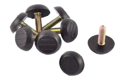 6 black adjustable table leveling feet with M6x1 screw threads and rubber caps for desk support and furniture stability.