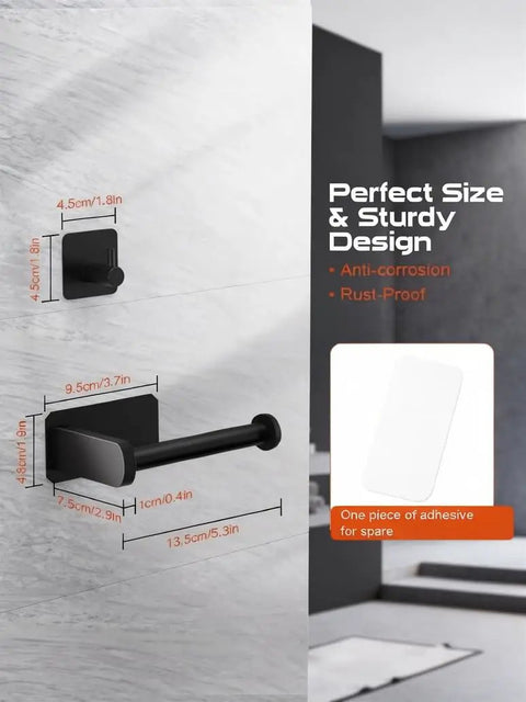 Self Adhesive RV Toilet Paper Holder With Two Hanging Hooks For Campers No Drill Wall Mount Black Finish Ideal For Bathroom Kitchen Or Bedroom Durable Rustproof Stainless Steel Build For Lasting Use detailed dimensions and features.
