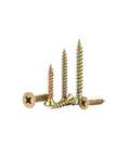No Sweat 385 Piece Flat Head Wood And Self Tapping Metal Screw Set With Yellow Zinc Galvanized Coating and varied screw sizes.