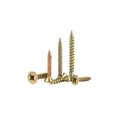 No Sweat 385 Piece Flat Head Wood And Self Tapping Metal Screw Set With Yellow Zinc Galvanized Coating and varied screw sizes.