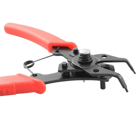 4 In 1 Snap Ring Pliers Set With Interchangeable Jaw Heads For Auto And Engine Repair, angled jaws, red handles visible