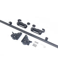 Heavy Duty Sliding Barn Door Hardware Kit With Adjustable Overhead Rail And Satin Black Finish includes rollers and screws.