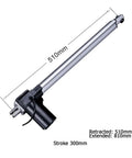 Rock Solid Linear Electric Actuator Delivering 6000N Push Pull Force With A Quick 50Mm Stroke And Smooth 5Mm Per Second Glide Includes Plug And Play 24V Controller Ready For Any Build, shown in extended and retracted dimensions.
