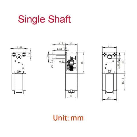 Technical diagram of Beefy All Metal Gearbox DC Motor With Long Shaft For N20 Slow Speed High Torque Worm Gear 3V12V Single Shaft