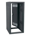 Hella Sturdy Free Standing Equipment Rack 25U 27 Inch Deep Secure Rear Door Slick Black Finish showing inside view with shelves.