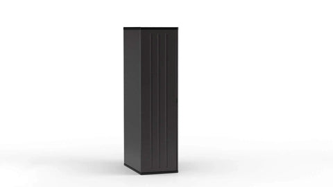 Side view of 19 Cubic Ft Heavy Duty Resin Cabinet With Lockable Handles Multi Wall Construction And Metal Reinforced Shelves For Basement Utility Room And Garage Storage In Black.