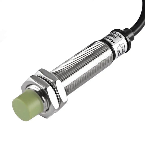 M12 Inductive Proximity Sensor Switch with four millimeter sensing distance, cylindrical non-shielded, AC power, iron target friendly.