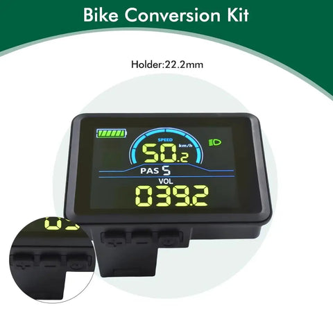 All In One E Bike Display Panel Waterproof LCD Gauge showing speed and battery level with black ABS housing and 5-pin connector