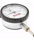Dial Drop Indicator Half Inch Range With 0 To 50 Reading And Two Point Two Five Inch Dial Stainless Steel Stem Tungsten Carbide Ball Anvil Hardened Ground Point Lug And Flat Mount AGD Group Two Continuous Dial NPL Traceability Adjustable Bezel, shown angled