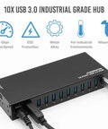 Industrial USB 3.0 Hub With 10 Ports, Heavy-Duty Metal Mountable Design, Power Adapter Included, 5Gbps SuperSpeed Powered Splitter
