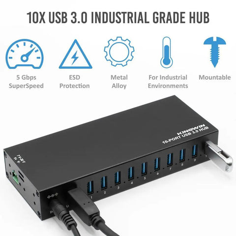 Industrial USB 3.0 Hub With 10 Ports, Heavy-Duty Metal Mountable Design, Power Adapter Included, 5Gbps SuperSpeed Powered Splitter