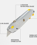 10-499 QuickChange Retractable Utility Knife With One Hand Blade Change, shown with features labeled