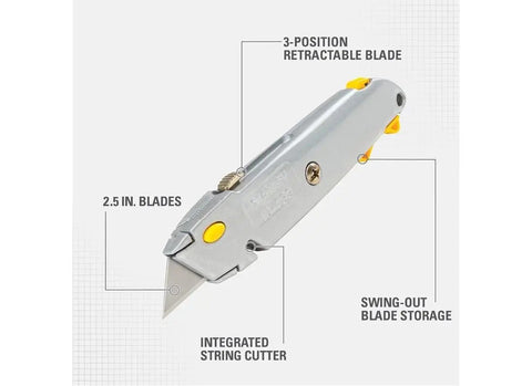 10-499 QuickChange Retractable Utility Knife With One Hand Blade Change, shown with features labeled