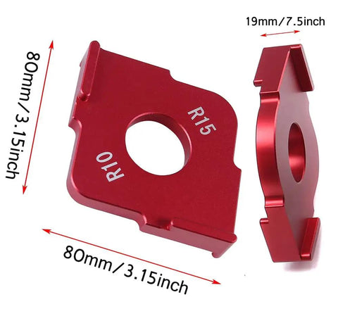 Heavy Duty Aluminum Radius Jig Router Templates Set Corner Routing Bit Circles with R10 and R15 templates, 80mm size.
