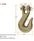 10 Pack Three Eighths Clevis Grab Hooks Grade 70 For Tow Chains And Wrecker Use Forged Alloy Steel G70 6600 Lbs WLL, dimensions labeled