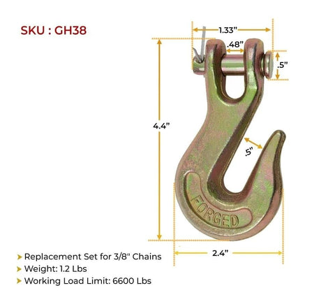 10 Pack Three Eighths Clevis Grab Hooks Grade 70 For Tow Chains And Wrecker Use Forged Alloy Steel G70 6600 Lbs WLL, dimensions labeled