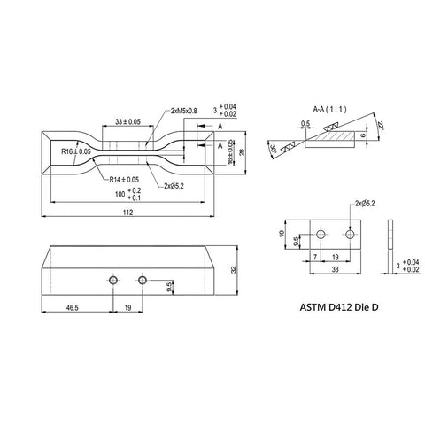 Technical diagram of Dumbbell And Straight Section Shape Cutter For Rubber Specimen Tensile Testing ASTM D412 Die D.