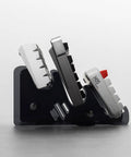 Transparent Acrylic Keyboard Display Stand For Up To Three Keyboards showing three mounted keyboards, side view