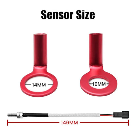 Universal Digital Engine Temperature Gauge With 10mm Or 14mm Probe Adapter showing sensor size and adapter cable