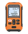 Orange handheld optical fiber tester multimeter with LCD showing 1310 nm and VFL/dB buttons