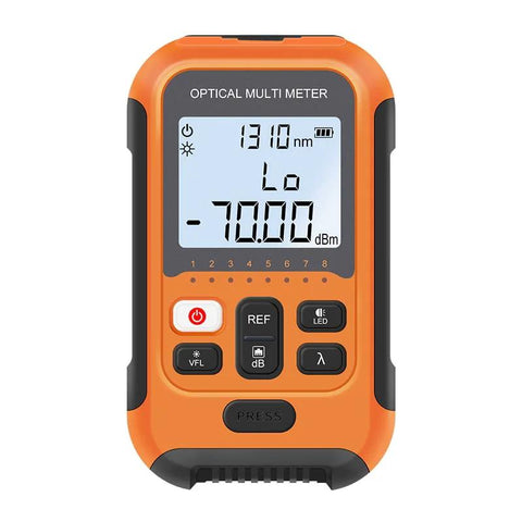 Orange handheld optical fiber tester multimeter with LCD showing 1310 nm and VFL/dB buttons