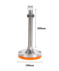 Heavy Duty Adjustable Leveling Feet Four Pack Rock Solid Screw Leg Levelers With Anti Slip Rubber Bottoms For Sturdy Furniture Support. Metal leg with orange rubber base measures 200mm tall and 100mm wide.
