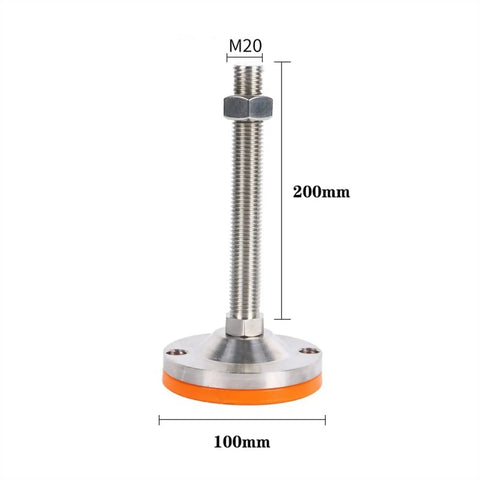 Heavy Duty Adjustable Leveling Feet Four Pack Rock Solid Screw Leg Levelers With Anti Slip Rubber Bottoms For Sturdy Furniture Support. Metal leg with orange rubber base measures 200mm tall and 100mm wide.