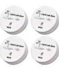 Water Leak Alarm Sensor Battery Operated 90dB Leak Detector For Basements Bathrooms Kitchens Laundry Rooms Garages And Offices 4 Pack Ships Without Battery displayed, showing four round white sensors side by side.
